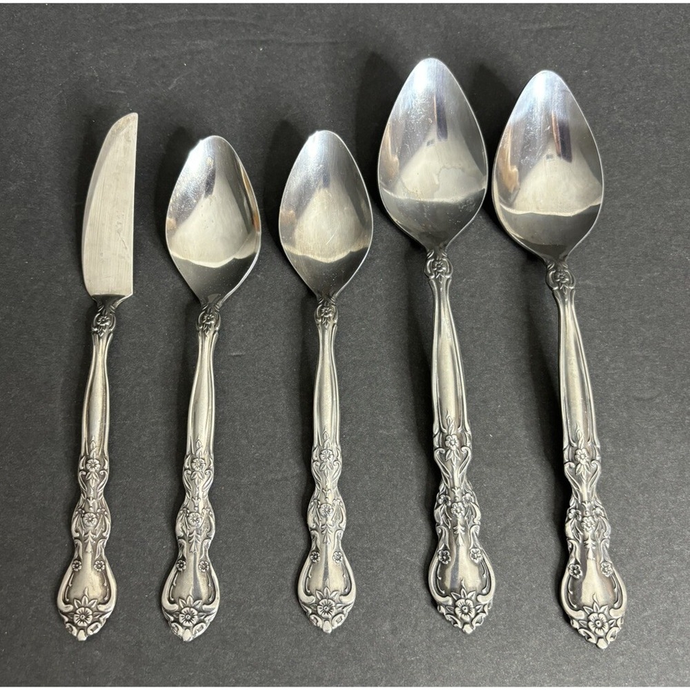 National Stainless New Rose 5 Pieces 2 Teaspoons 2 Oval Soup Spoons 1 Knife